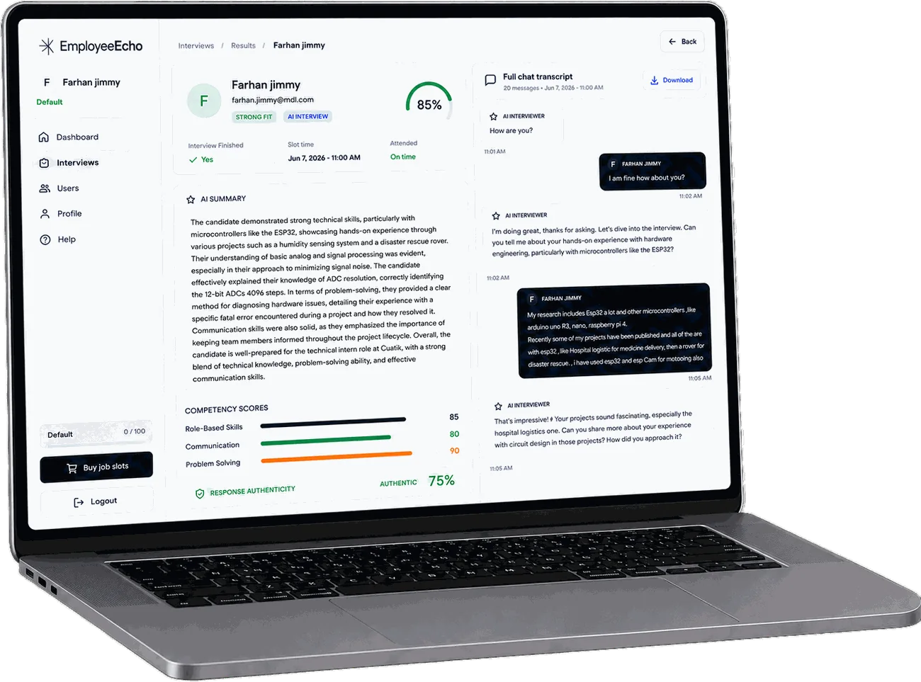 EmployeeEcho candidate result dashboard